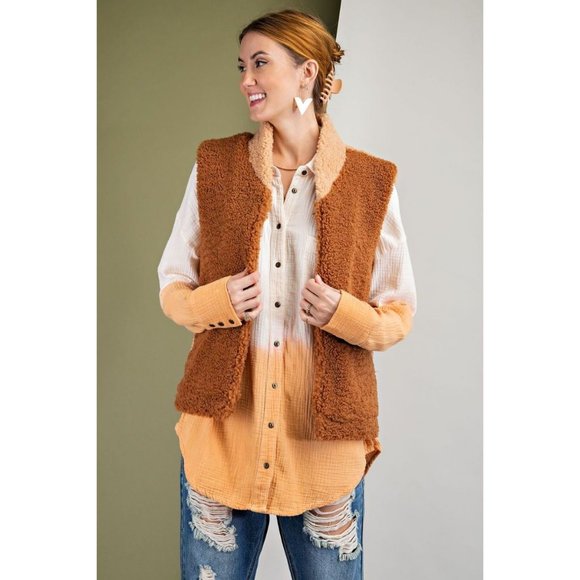 easel Jackets & Coats Easel Dark Camel Faux Fur High Neck
